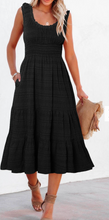 Load image into Gallery viewer, Pre-Order Black Shirred Pleated Square Neck Sleeveless Midi Dress