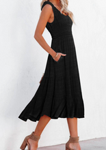 Load image into Gallery viewer, Pre-Order Black Shirred Pleated Square Neck Sleeveless Midi Dress