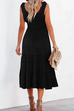 Load image into Gallery viewer, Pre-Order Black Shirred Pleated Square Neck Sleeveless Midi Dress