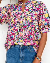 Load image into Gallery viewer, Pre-Order Pink Flower Print Frilled Collar Short Puff Sleeve Summer Blouse