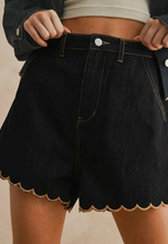 Load image into Gallery viewer, Pre-Order Black Embroidered Scalloped Trim Relaxed Denim Shorts