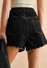 Load image into Gallery viewer, Pre-Order Black Embroidered Scalloped Trim Relaxed Denim Shorts
