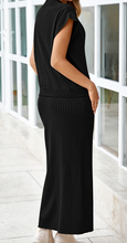 Load image into Gallery viewer, Pre-Order Black Solid Color Knit Dolman Tee Ribbed Split Skirt 2pcs Sweater Set