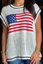 Load image into Gallery viewer, Pre-Order White USA Flag Eyelet Knitted Cap Sleeve Sweater Top