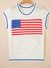 Load image into Gallery viewer, Pre-Order White USA Flag Eyelet Knitted Cap Sleeve Sweater Top