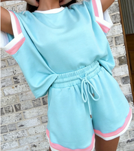 Load image into Gallery viewer, Pre-Order Striped Trim Casual Tee Drawstring Shorts 2pcs Set