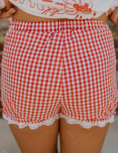 Load image into Gallery viewer, Pre-Order Red Gingham Plaid Tie Elastic Waist Lace Patchwork Hem Casual Shorts
