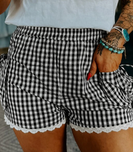 Load image into Gallery viewer, Pre-Order Black Gingham Lace Trim Shorts with Pouch Pockets