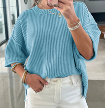 Load image into Gallery viewer, Pre-Order Mist Blue Exposed Seam Detail Half Sleeve Loose Sweater