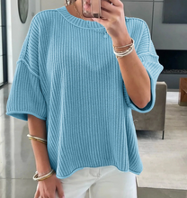 Load image into Gallery viewer, Pre-Order Mist Blue Exposed Seam Detail Half Sleeve Loose Sweater