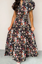 Load image into Gallery viewer, Pre-Order Black Floral Print V Neck Pleated Tiered Maxi Dress
