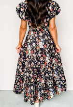 Load image into Gallery viewer, Pre-Order Black Floral Print V Neck Pleated Tiered Maxi Dress
