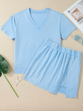 Load image into Gallery viewer, Pre-Order Beau Blue Mineral Wash V Neck Tee Matching Skort Set