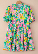 Load image into Gallery viewer, Pre-Order Green Floral Puff Sleeve Collar Buttoned Babydoll Dress