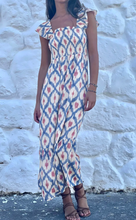 Load image into Gallery viewer, Pre-Order Sky Blue Ethnic Geometric Print Square Neck Smocked High Waist Ruffle Sleeve Dress