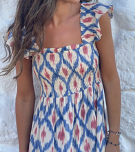 Load image into Gallery viewer, Pre-Order Sky Blue Ethnic Geometric Print Square Neck Smocked High Waist Ruffle Sleeve Dress