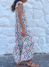 Load image into Gallery viewer, Pre-Order Sky Blue Ethnic Geometric Print Square Neck Smocked High Waist Ruffle Sleeve Dress