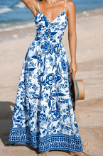 Load image into Gallery viewer, Pre-Order Sky Blue Twisted Bust Spaghetti Straps Backless Floral Maxi Dress