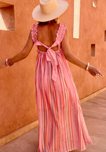 Load image into Gallery viewer, Pre-Order Pink Stripe Ruffled Straps Ribbon Knot Flowy Vacation Maxi Dress