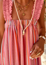 Load image into Gallery viewer, Pre-Order Pink Stripe Ruffled Straps Ribbon Knot Flowy Vacation Maxi Dress