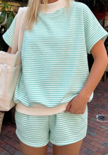 Load image into Gallery viewer, Pre-Order Stripe Cuffed Sleeve Contrast Mock Neck Tee Casual 2pcs Short Sets