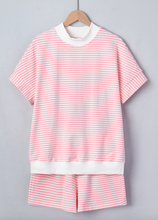 Load image into Gallery viewer, Pre-Order Stripe Cuffed Sleeve Contrast Mock Neck Tee Casual 2pcs Short Sets