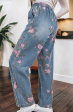 Load image into Gallery viewer, Pre-Order Beau Blue Floral Print Elastic Waist Pull On Casual Jeans