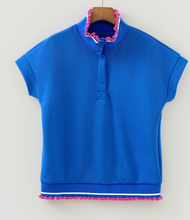 Load image into Gallery viewer, Pre-Order Blue Contrast Frilled Trim Button Collared Short Sleeve Knit Top