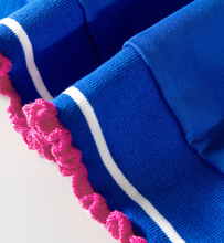 Load image into Gallery viewer, Pre-Order Blue Contrast Frilled Trim Button Collared Short Sleeve Knit Top