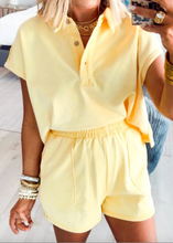 Load image into Gallery viewer, Pre-Order Yellow Cream Loose Polo Tee Elastic Waist 2pcs Short Set