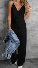 Load image into Gallery viewer, Pre-Order Black Solid Spaghetti Strap Wide Leg Drawstring High Waist Jumpsuit