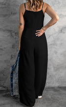 Load image into Gallery viewer, Pre-Order Black Solid Spaghetti Strap Wide Leg Drawstring High Waist Jumpsuit