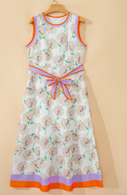 Load image into Gallery viewer, Pre-Order White Floral Print Color Block Trim Belted Sleeveless Maxi Dress