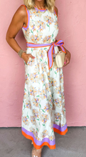Load image into Gallery viewer, Pre-Order White Floral Print Color Block Trim Belted Sleeveless Maxi Dress