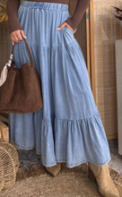 Load image into Gallery viewer, Pre-Order  Blue Elastic Waist Ruffled Tiered Flared Denim Maxi Skirt