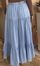 Load image into Gallery viewer, Pre-Order  Blue Elastic Waist Ruffled Tiered Flared Denim Maxi Skirt