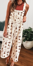 Load image into Gallery viewer, Pre-Order Beige Western Printed Button Adjustable Straps Loose Jumpsuit Dungarees