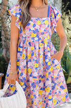 Load image into Gallery viewer, Pre-Order Multicolour Floral Print Flutter Sleeve Striped Trim Square Neck Loose Mini Dress