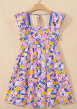 Load image into Gallery viewer, Pre-Order Multicolour Floral Print Flutter Sleeve Striped Trim Square Neck Loose Mini Dress