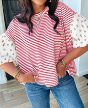 Load image into Gallery viewer, Pre-Order Stripe Floral Puff Sleeve Patchwork Round Neck Loose Tops