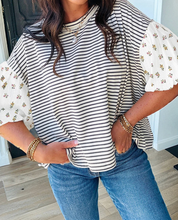 Load image into Gallery viewer, Pre-Order Stripe Floral Puff Sleeve Patchwork Round Neck Loose Tops