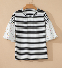 Load image into Gallery viewer, Pre-Order Stripe Floral Puff Sleeve Patchwork Round Neck Loose Tops