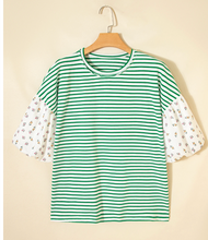 Load image into Gallery viewer, Pre-Order Stripe Floral Puff Sleeve Patchwork Round Neck Loose Tops