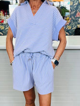 Load image into Gallery viewer, Pre-Order Stripe Dolman Sleeve Polo Shirt and Drawstring Shorts Set