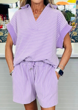 Load image into Gallery viewer, Pre-Order Stripe Dolman Sleeve Polo Shirt and Drawstring Shorts Set