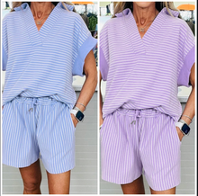 Load image into Gallery viewer, Pre-Order Stripe Dolman Sleeve Polo Shirt and Drawstring Shorts Set