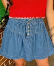 Load image into Gallery viewer, Pre-Order Sky Blue Half Buttons Pleated High Waist Denim Mini Skirt with Drawstring