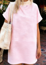 Load image into Gallery viewer, Pre-Order Pink Stripe Cuffed Short Sleeve Contrast Mock Neck Tee Dress