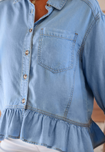 Load image into Gallery viewer, Pre-Order Beau Blue Half Sleeve Button Down Ruffled High Low Chambray Shirt