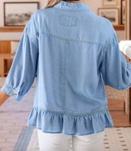 Load image into Gallery viewer, Pre-Order Beau Blue Half Sleeve Button Down Ruffled High Low Chambray Shirt